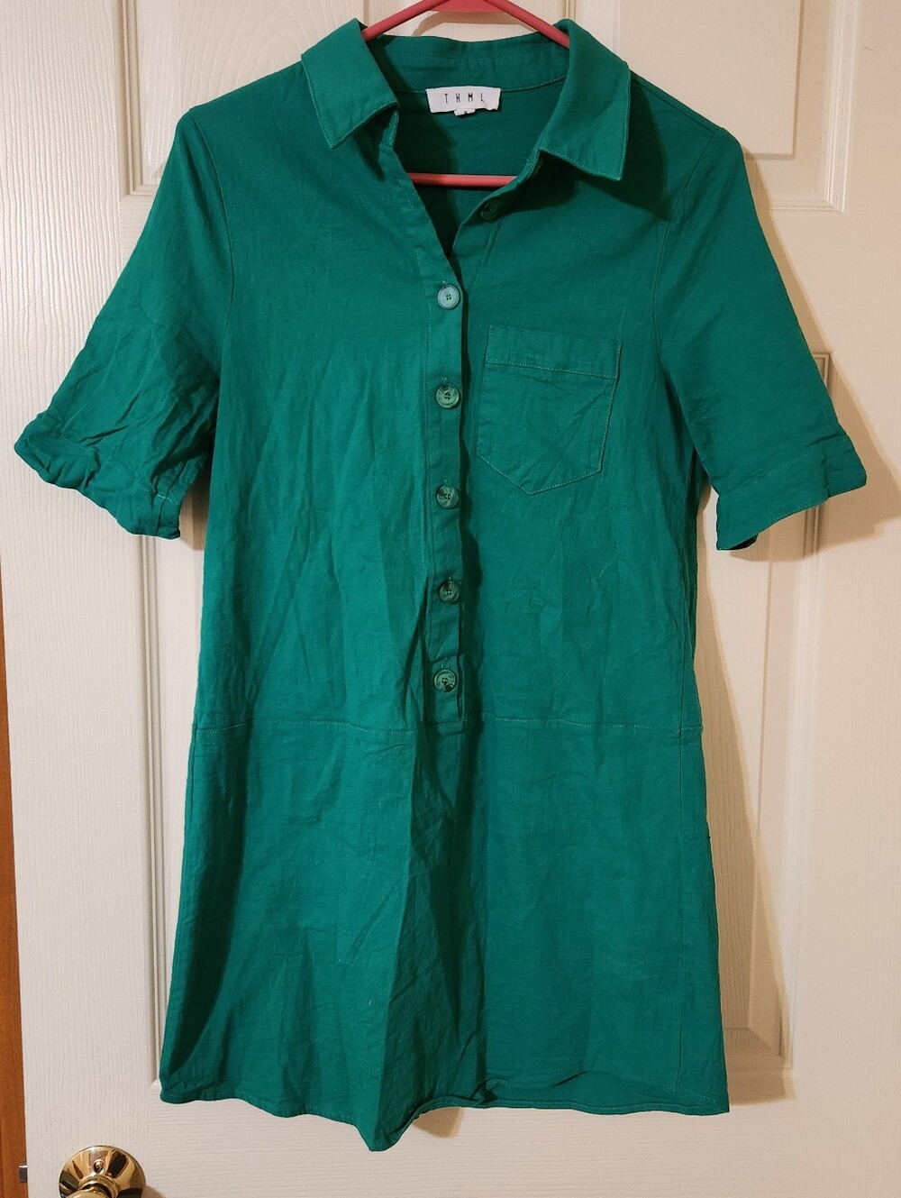 THML Green Collared Button Front Shirt Dress Short Sleeve Size S Linen Blend